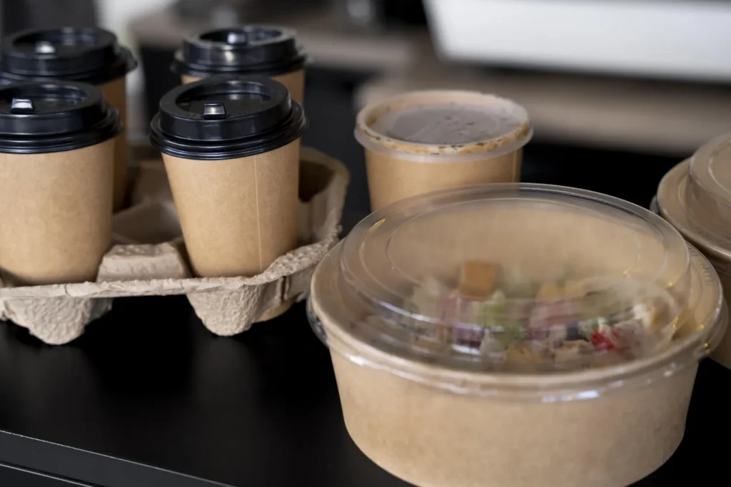 Vaschette da asporto in cartone con insalata e bicchieri da caffè su un bancone